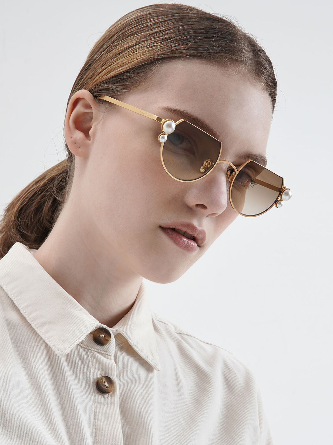 Swarovski® Crystal Pearl Embellished Cut-Off Round Sunglasses, Gold, hi-res