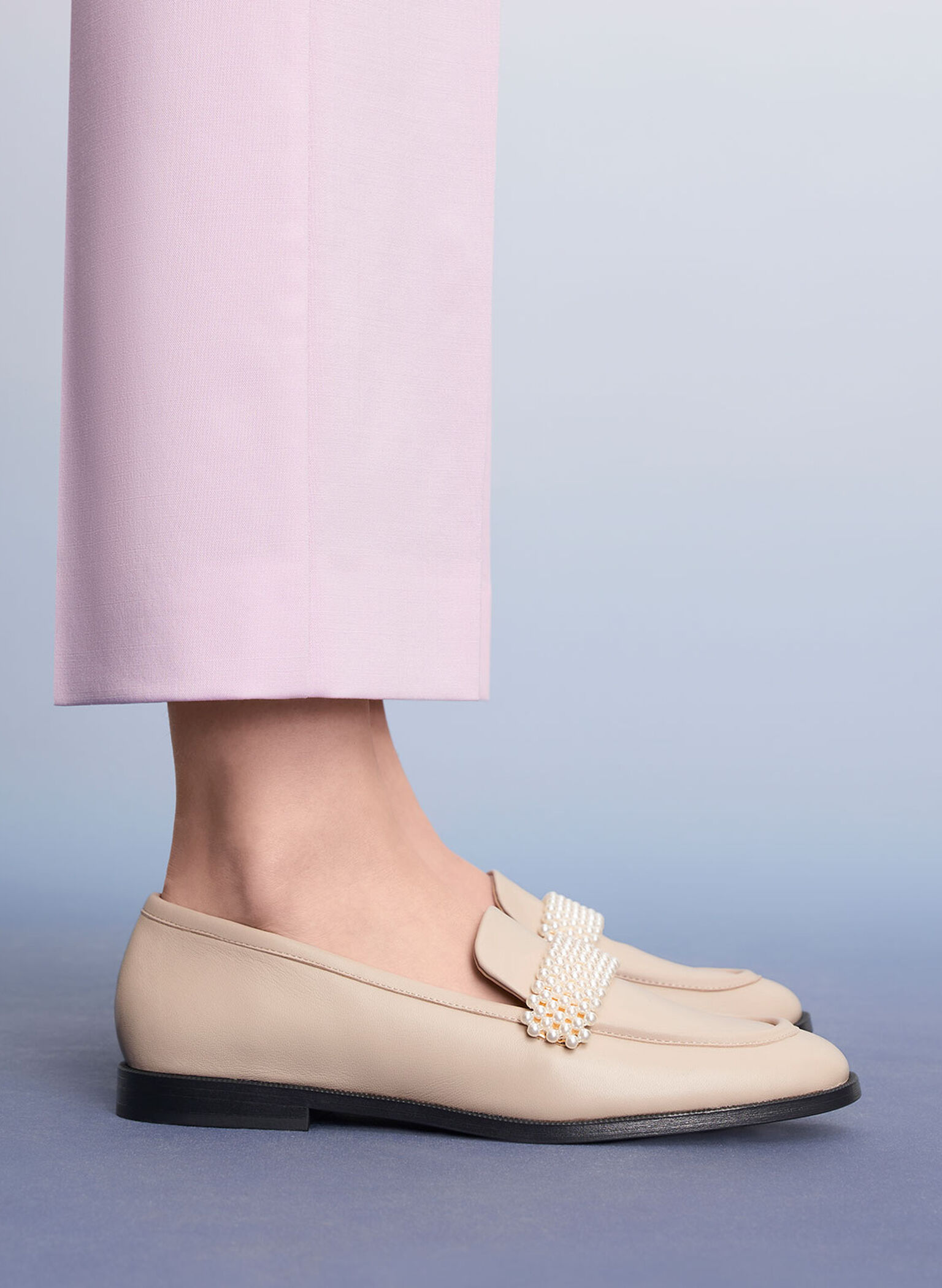 Beaded Penny Loafers, Beige, hi-res