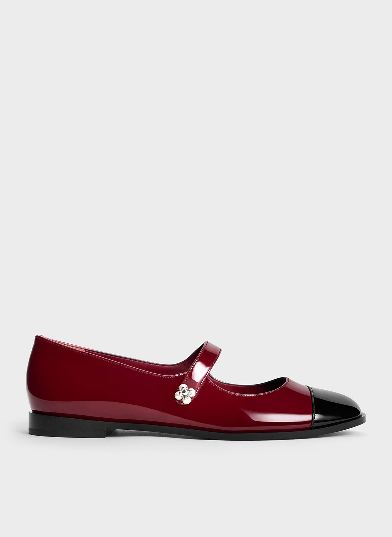 Patent Pearl-Embellished Flower-Buckle Cap-Toe Mary Janes, Maroon, hi-res