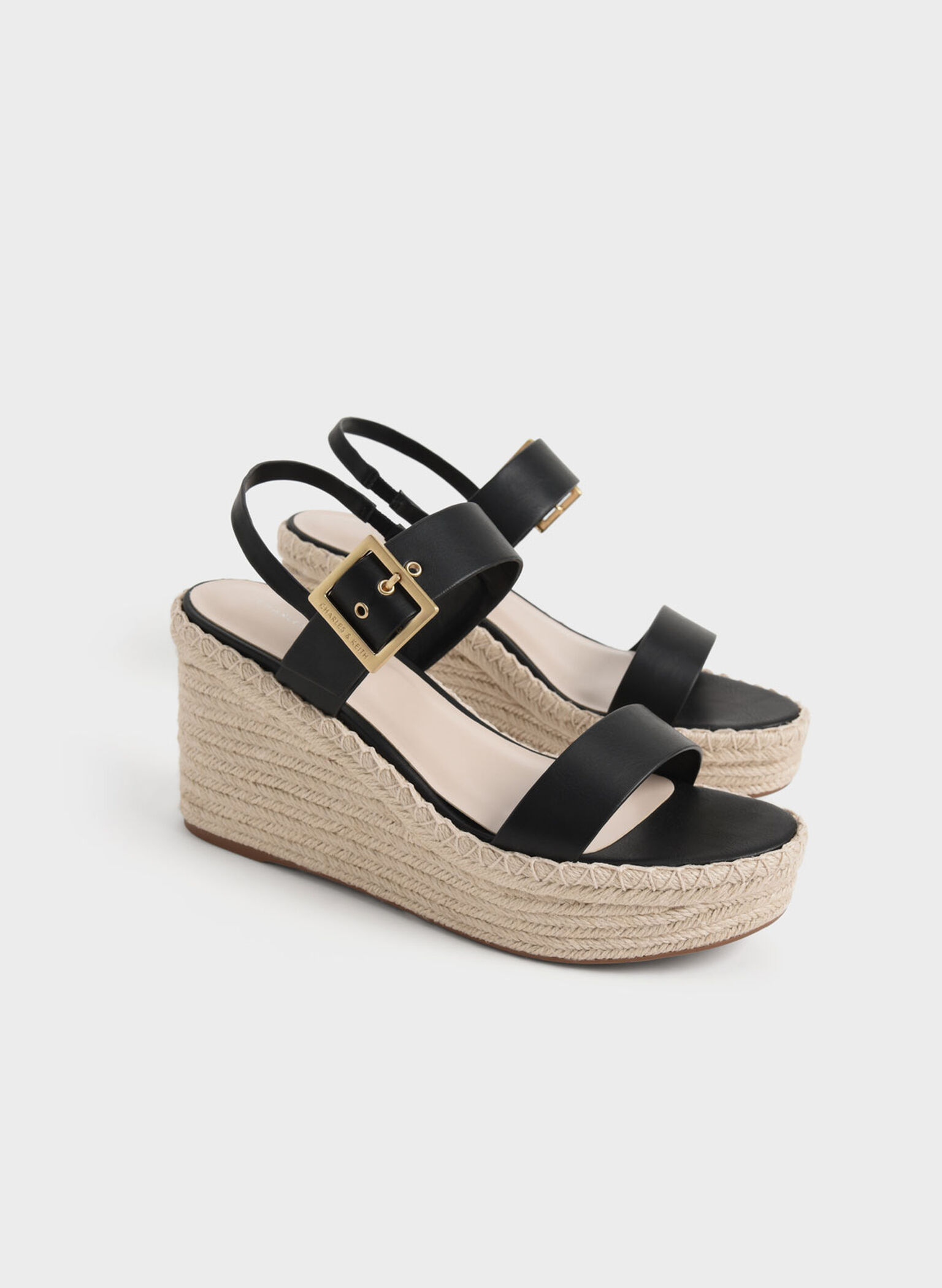 Buckled Espadrille Wedges, Black, hi-res