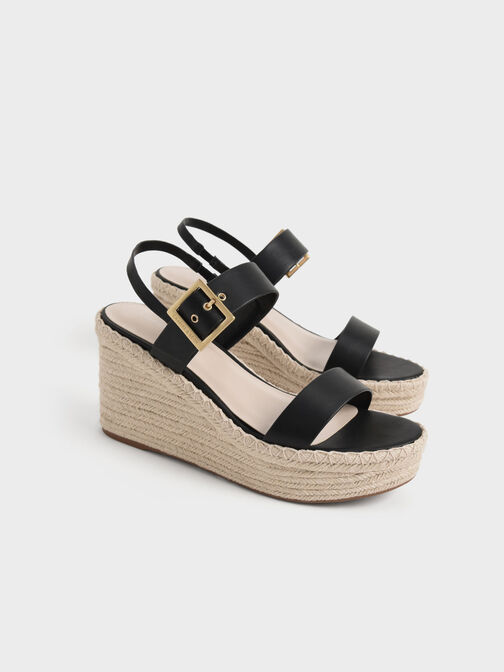 Buckled Espadrille Wedges, Black, hi-res