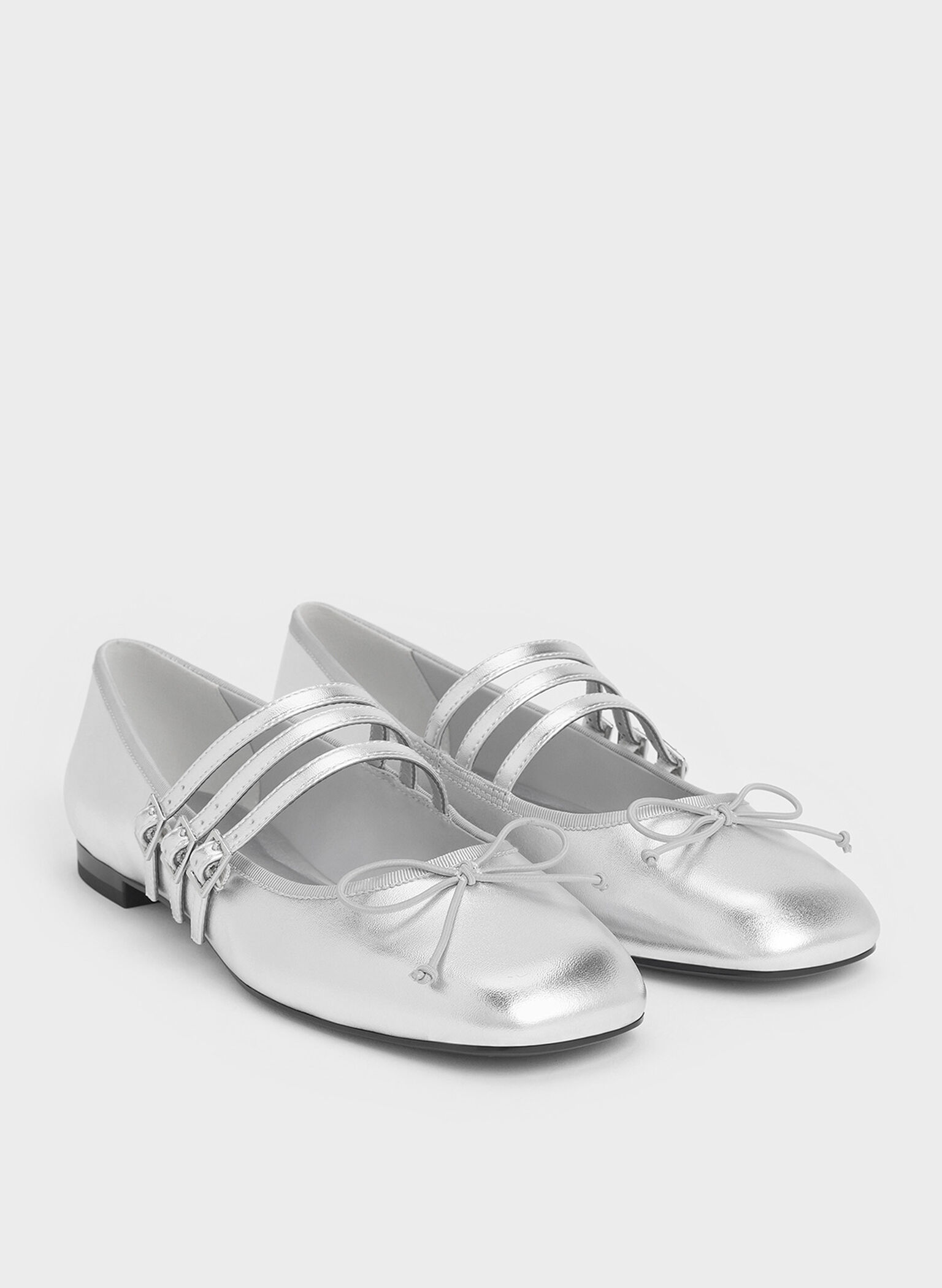 Metallic Triple-Strap Mary Janes, Silver, hi-res