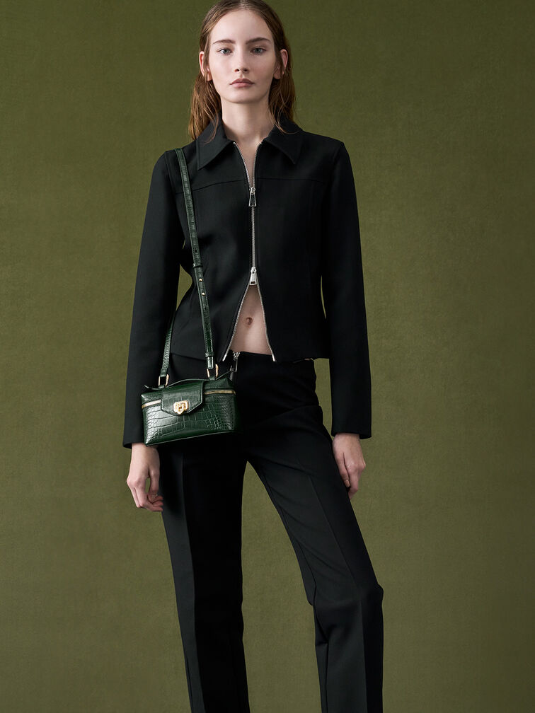 Arwen Croc-Effect Top Handle Vanity Bag, Dark Green, hi-res