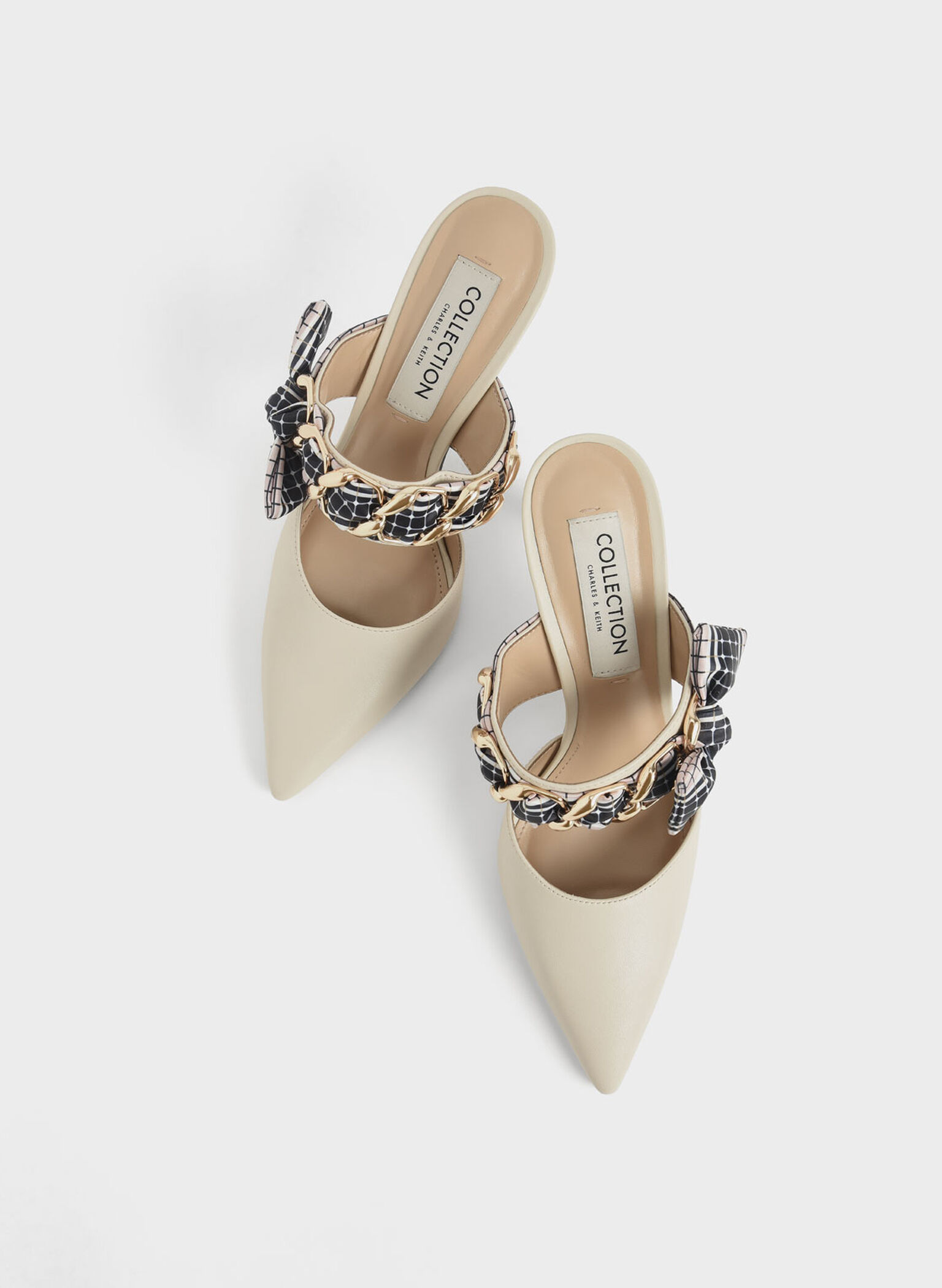 Printed Fabric Bow Leather Mules, Chalk, hi-res