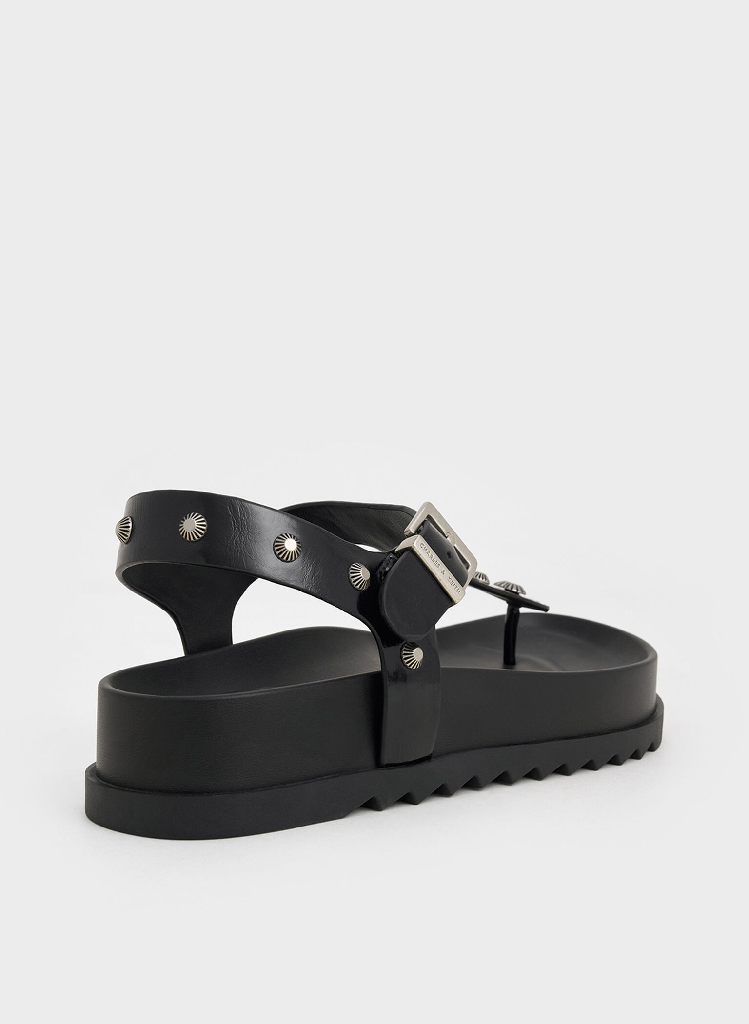 Studded Heart-Embellished Thong Sandals, Black, hi-res