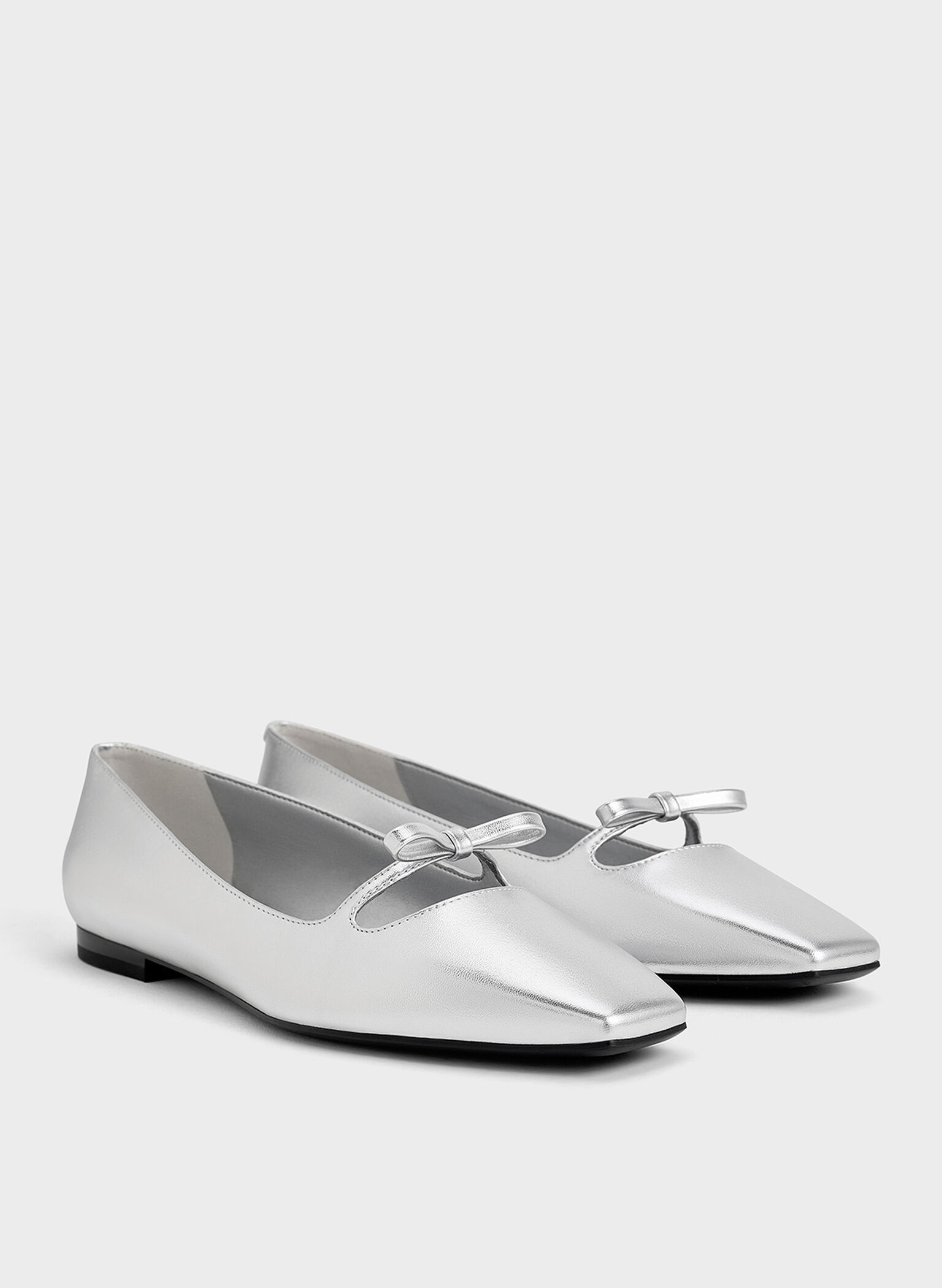 Metallic Bow Square-Toe Ballet Flats, Silver, hi-res