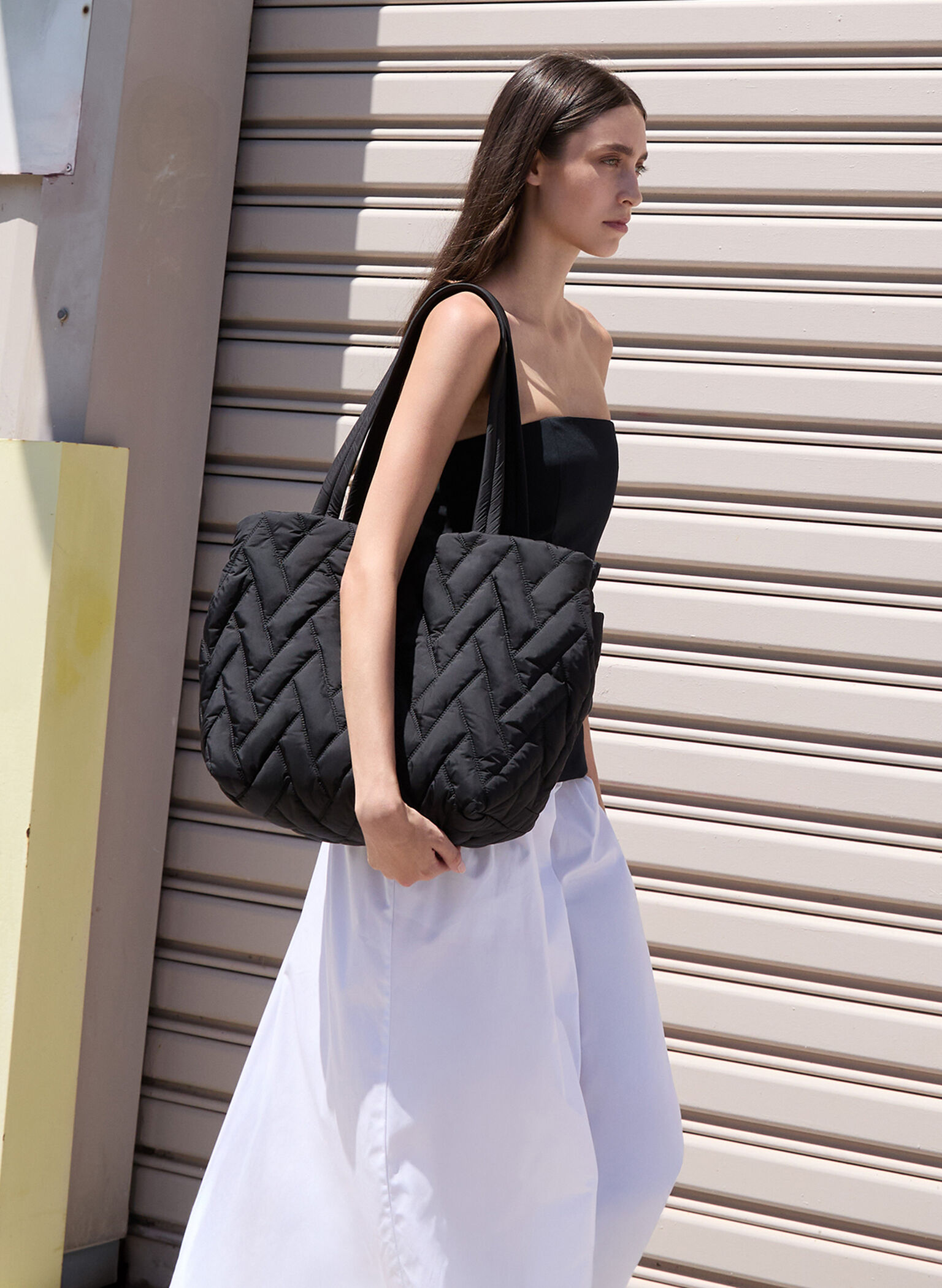 Nylon Chevron Tote Bag, Jet Black, hi-res