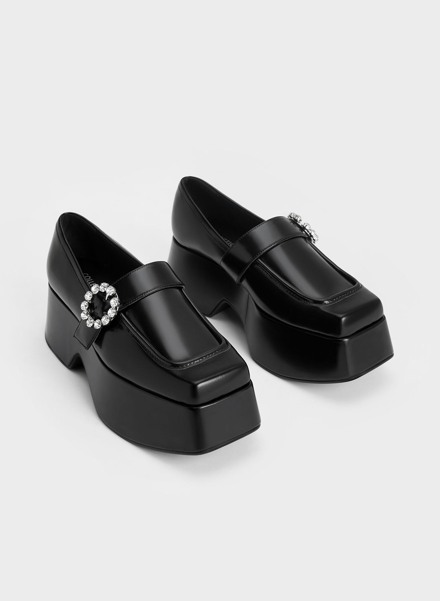 Gem-Embellished Chunky Platform Loafers, Black, hi-res