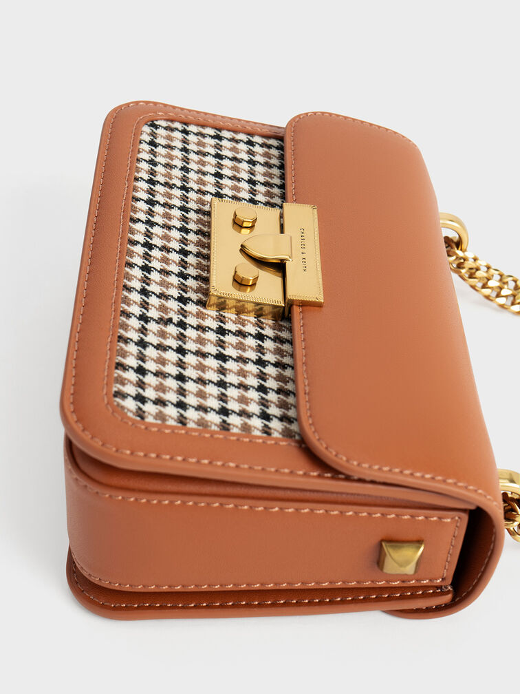 Alva Checkered Front Flap Bag, Cognac, hi-res