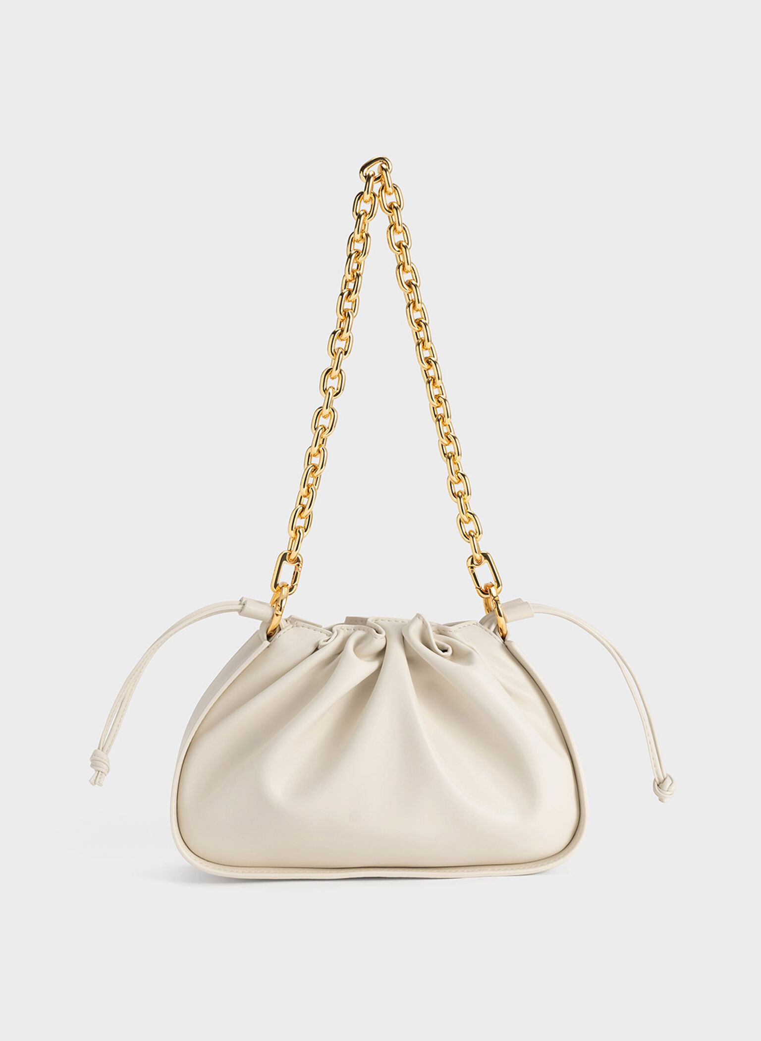 Ruched Chain Handle Drawstring Bag, Chalk, hi-res