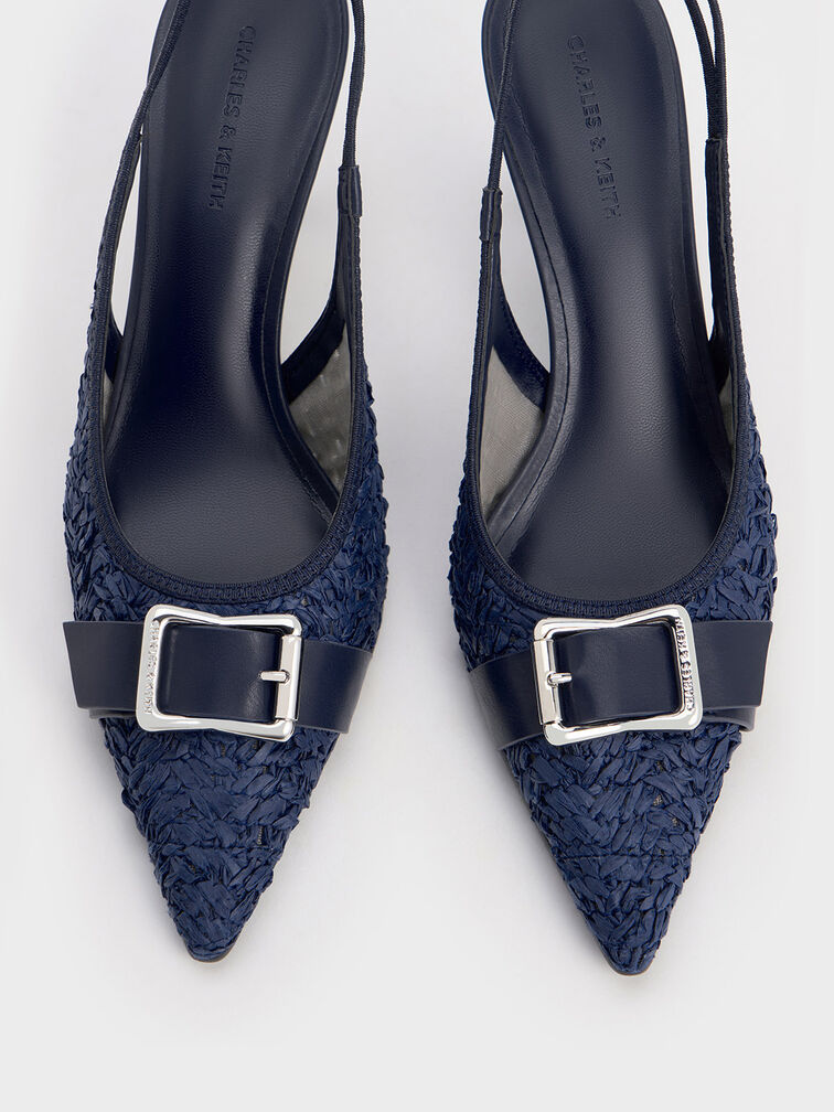 Anita Raffia Buckled Pointed-Toe Slingback Pumps, Dark Blue, hi-res