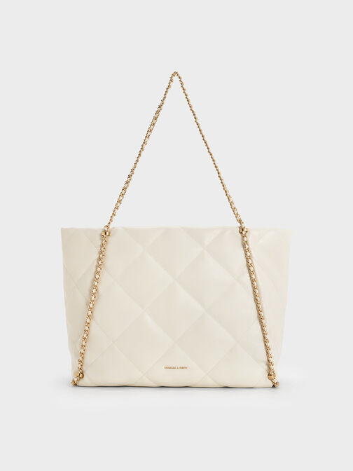 Apfra Quilted Chain-Embellished Tote Bag, Cream, hi-res