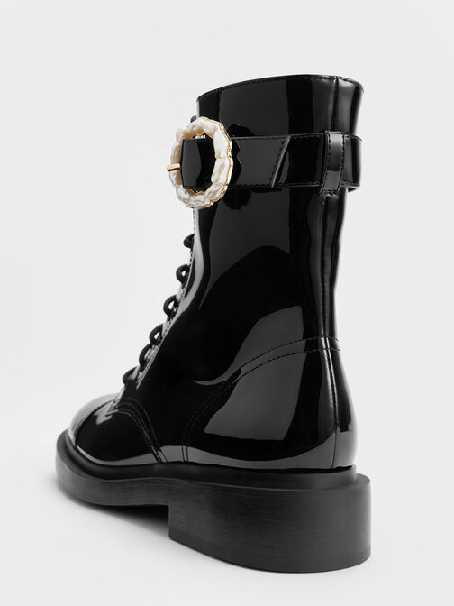 Patent Pearl Buckle Lace-Up Ankle Boots, Black Patent, hi-res