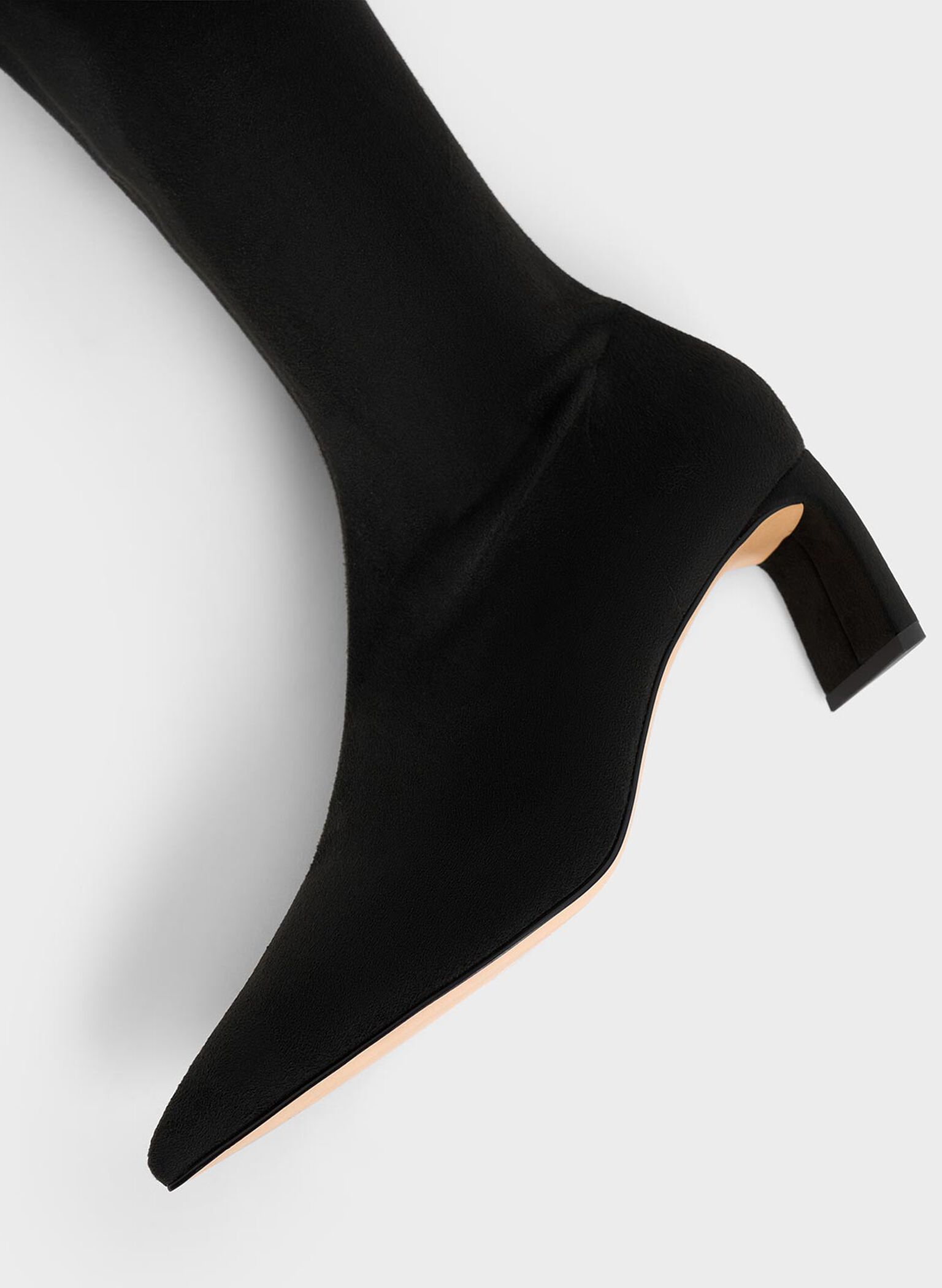Faux Suede Blade-Heel Pointed-Toe Calf Boots, Black Textured, hi-res