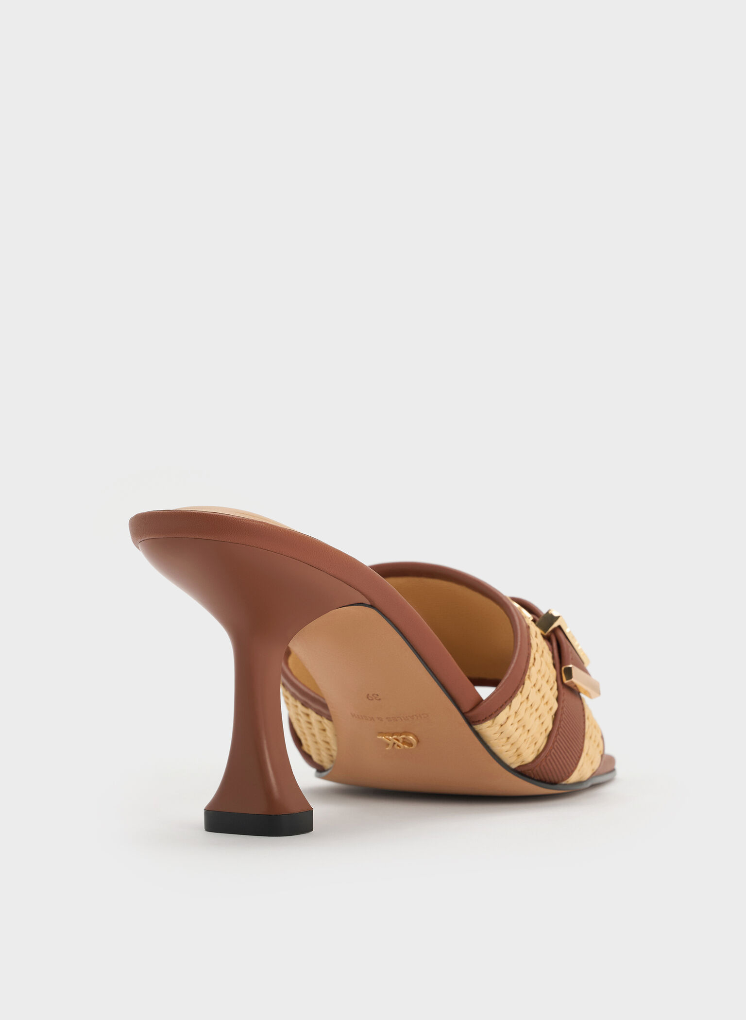 Whitney Leather & Raffia Buckled Heeled Mules, Brown, hi-res