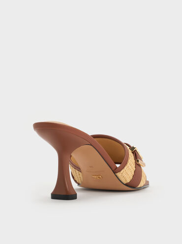 Whitney Leather & Raffia Buckled Heeled Mules, Brown, hi-res