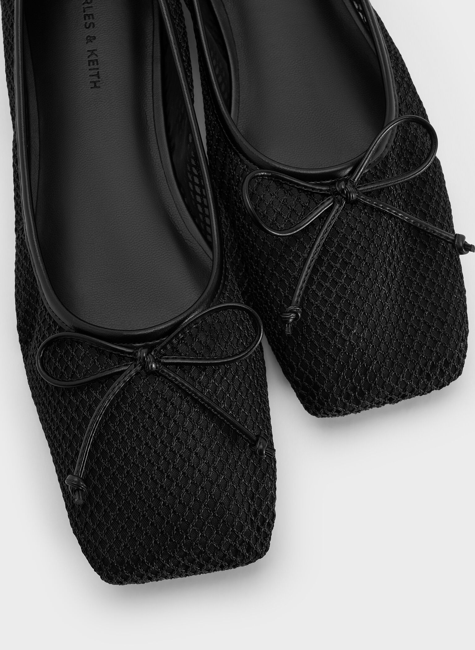 Mesh Square-Toe Bow Ballet Flats, Black Textured, hi-res