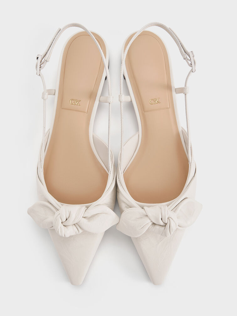 Jayce Leather Crinkle-Effect Knot-Bow Slingback Flats, White, hi-res