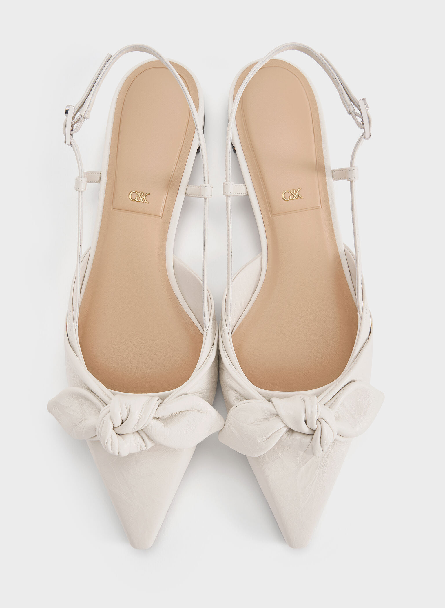 Jayce Leather Crinkle-Effect Knot-Bow Slingback Flats, White, hi-res