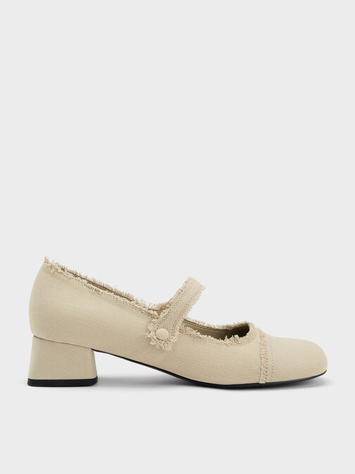 Denim Block Heel Mary Janes, Beige, hi-res