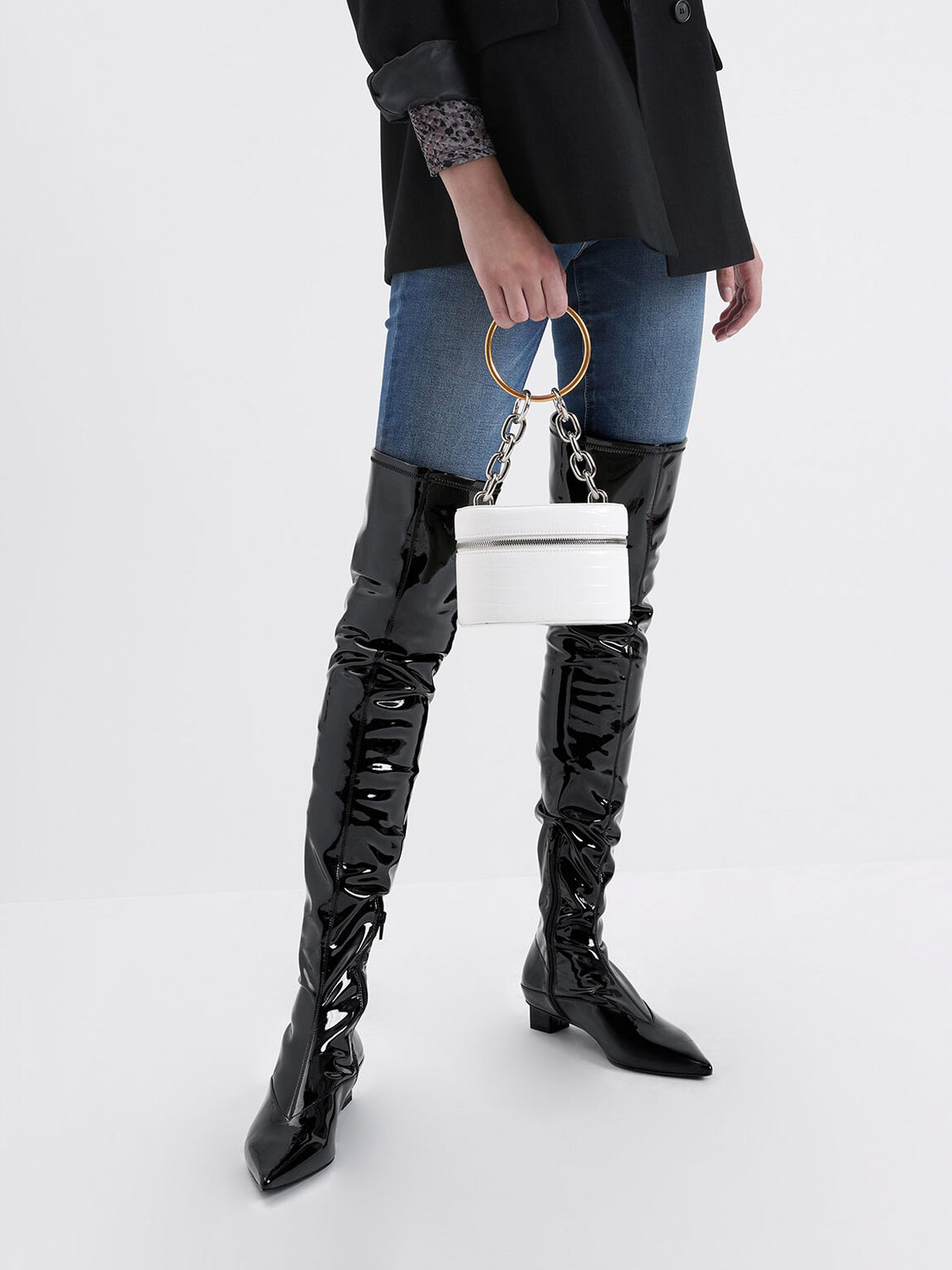 patent thigh high flat boots
