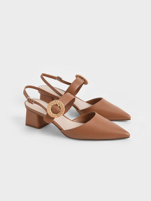 Woven Buckle Slingback Heeled Pumps, Caramel, hi-res