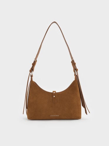 Lark Recycled Suede Studded Belted Shoulder Bag, Sienna Brown, hi-res