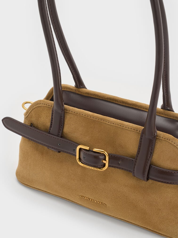 Victoria Recycled Suede Belted Elongated Shoulder Bag, Sahara Sand, hi-res