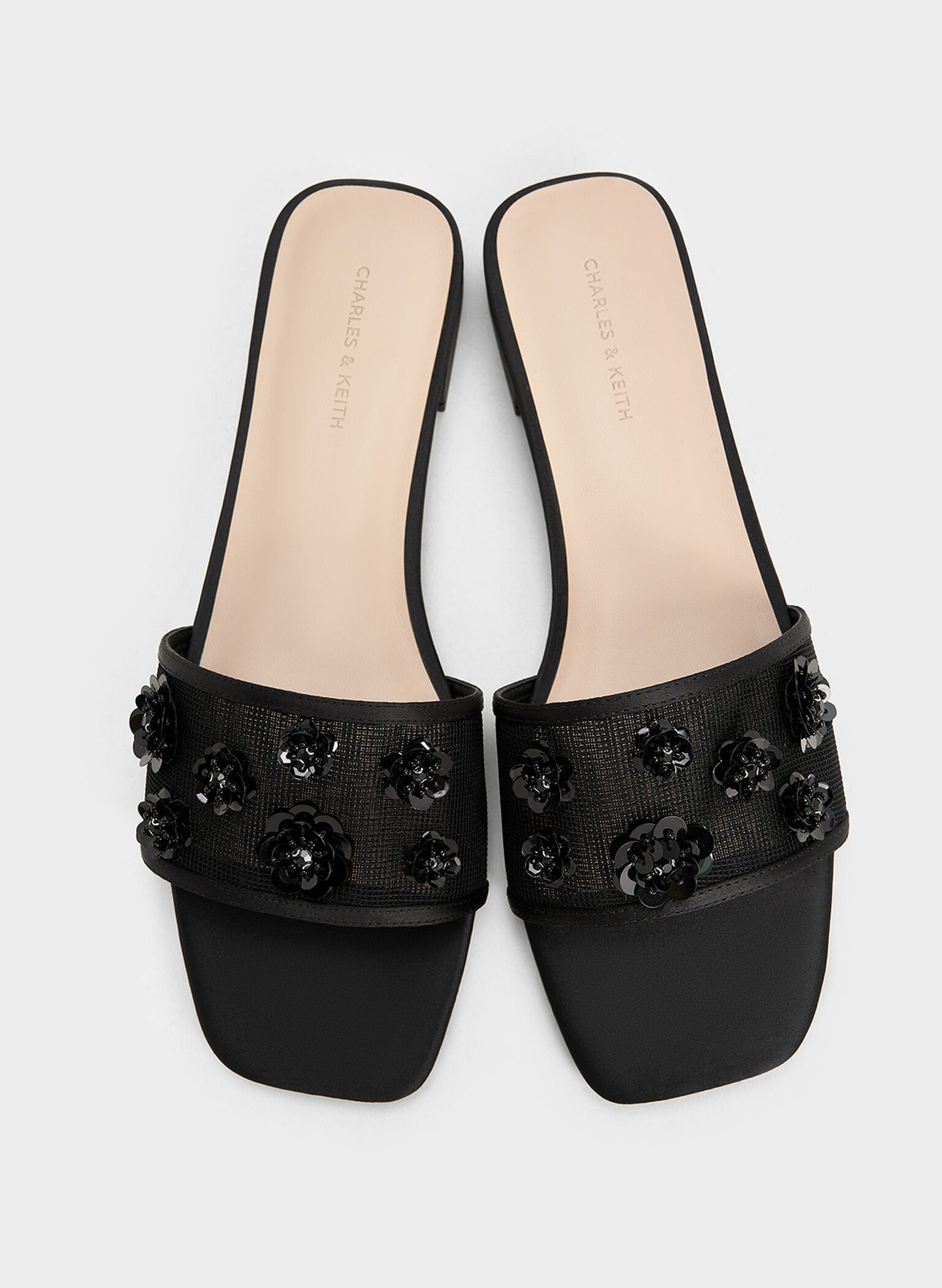 Mesh & Satin Sequin-Flower Slide Sandals, Black Textured, hi-res