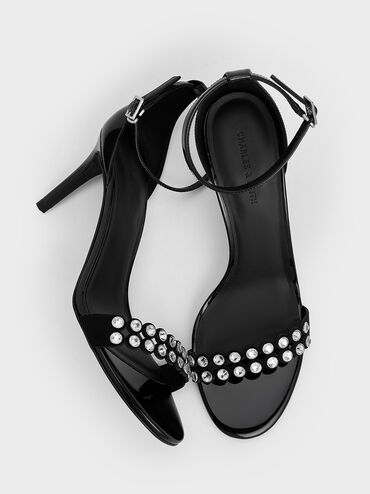 Patent Crystal-Embellished Heeled Ankle-Strap Sandals, Black Patent, hi-res
