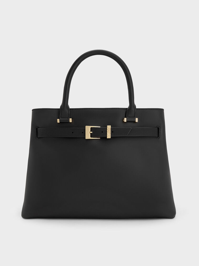 Voyager Leather Belted Trapeze Tote Bag, Black, hi-res