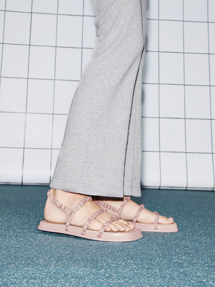 Recycled Polyester Ruched Strappy Sandals, Nude, hi-res