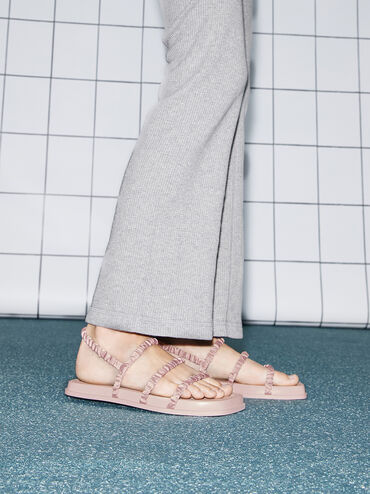 Recycled Polyester Ruched Strappy Sandals, Nude, hi-res