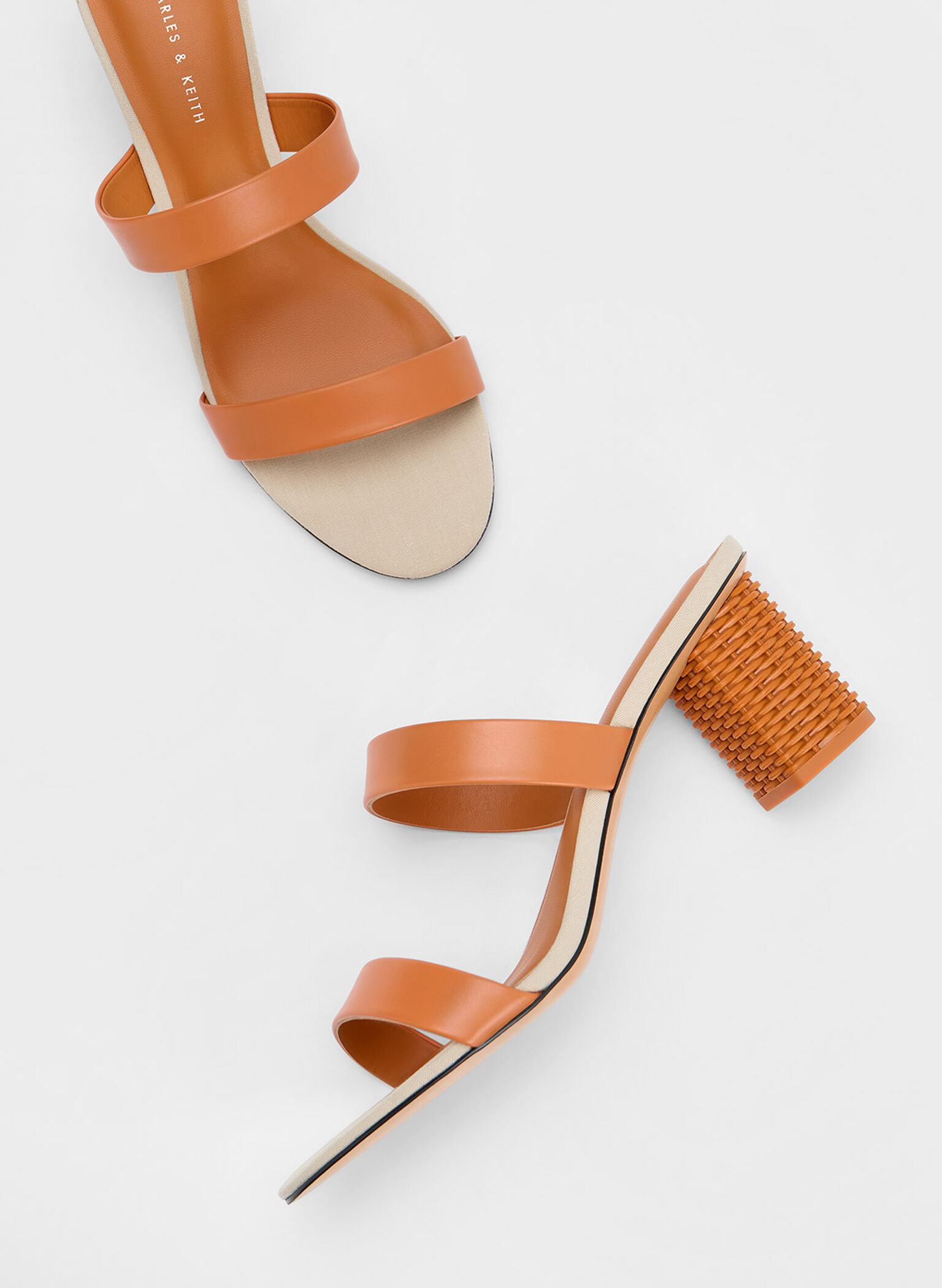 Rattan Block Heel Sandals, Orange, hi-res