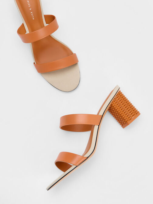 Rattan Block Heel Sandals, Orange, hi-res