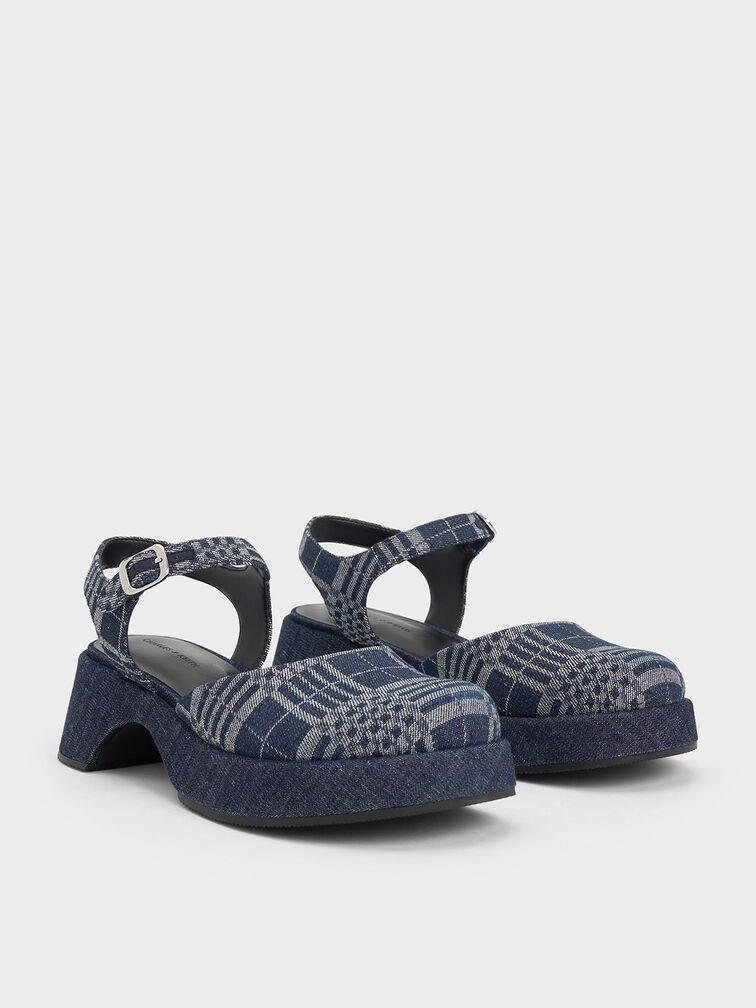 Nerina Checkered Ankle-Strap Platform Flats, Dark Blue, hi-res