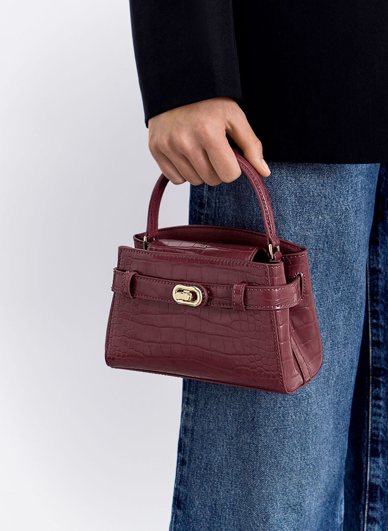 Aubrielle Croc-Effect Top Handle Bag, Burgundy, hi-res