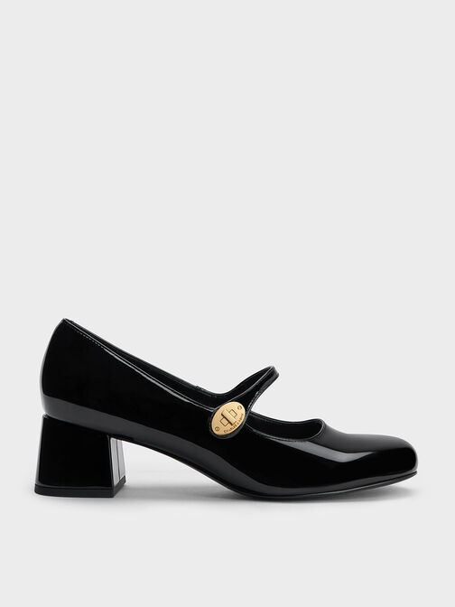 Hettie Patent Metallic-Buckle Block-Heel Mary Janes, Black Patent, hi-res
