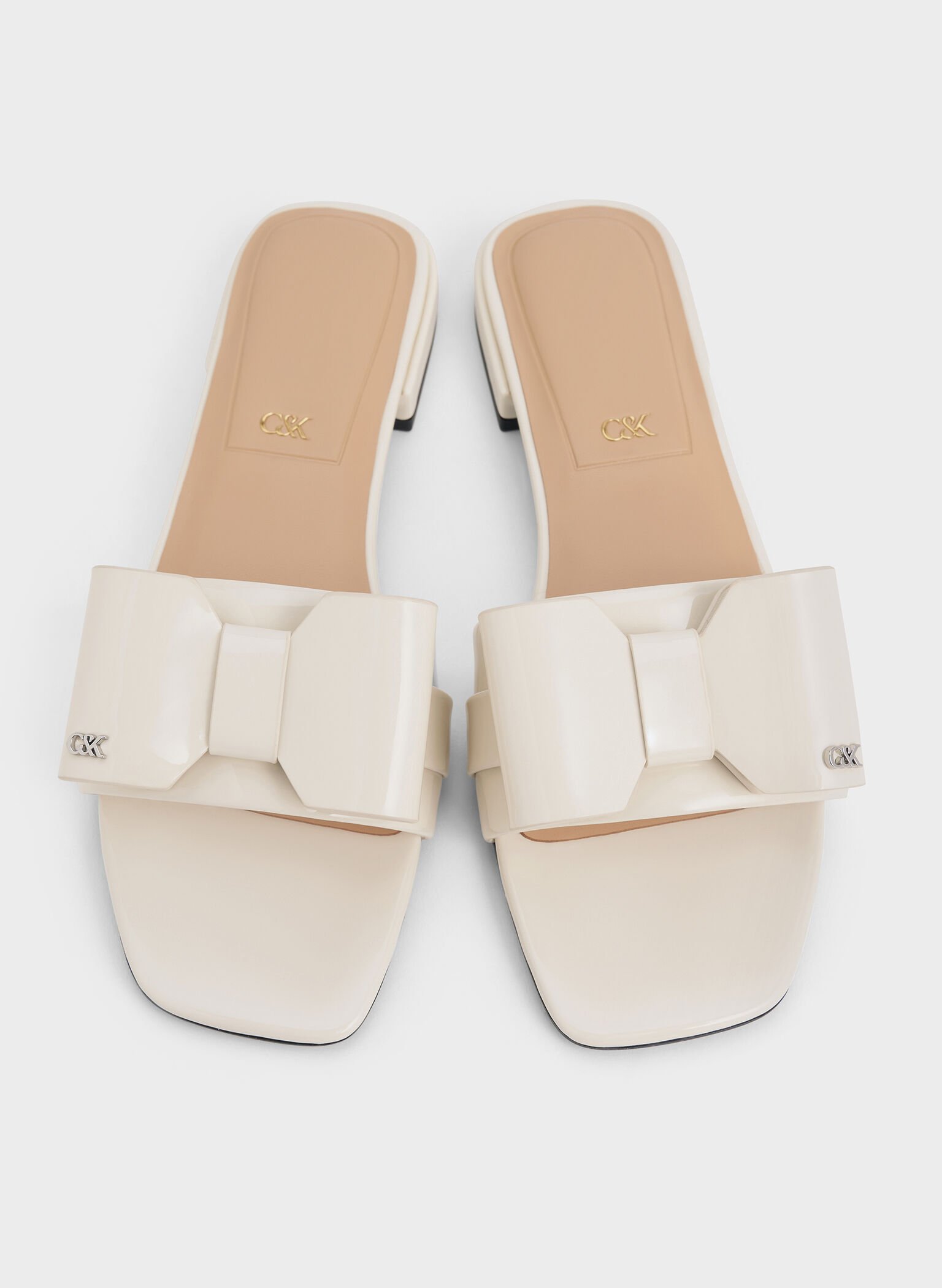 Lu Patent Leather Bow Slide Sandals, Chalk, hi-res