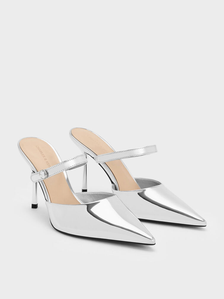 Silver Metallic Crystal-Accent Stiletto-Heel Mules - CHARLES 
