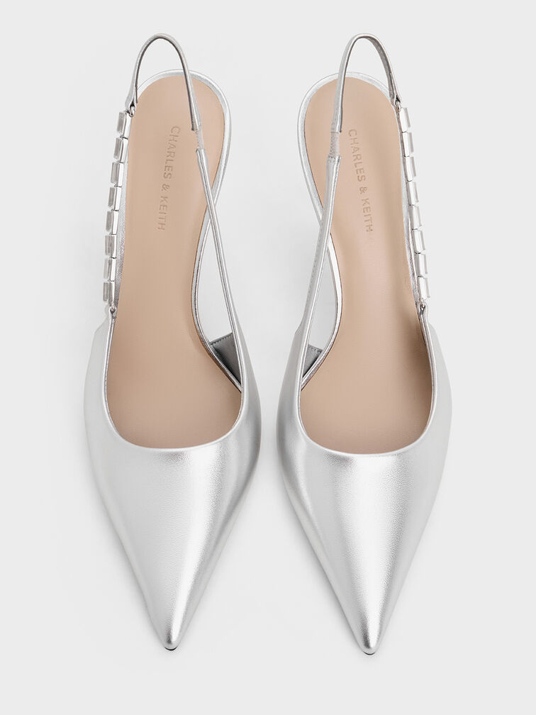 Metallic Embellished-Strap Pointed-Toe Slingback Pumps, Silver, hi-res