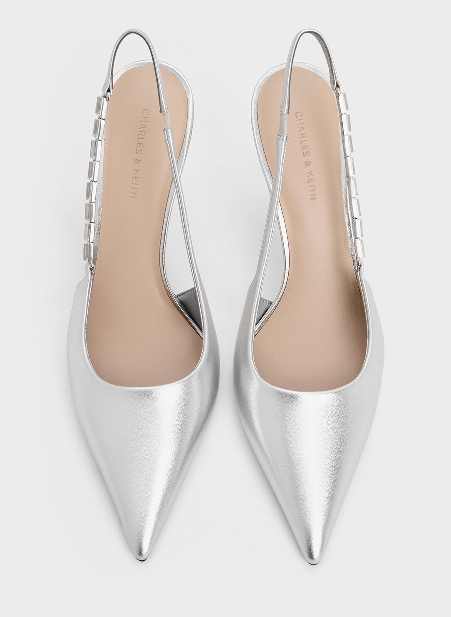 Metallic Embellished-Strap Pointed-Toe Slingback Pumps, Silver, hi-res