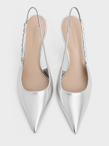 Metallic Embellished-Strap Pointed-Toe Slingback Pumps, Silver, hi-res