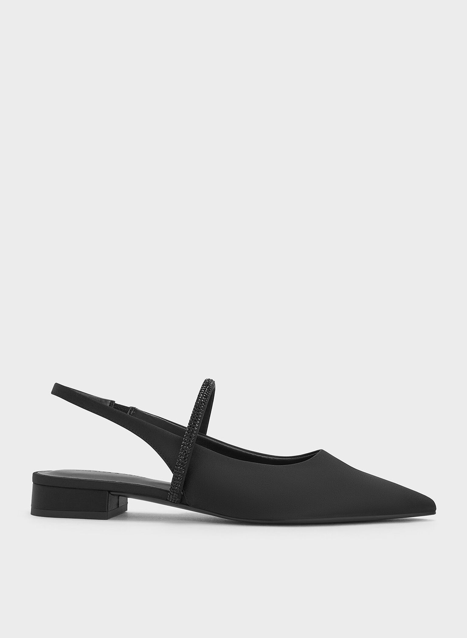 Satin Crystal-Strap Pointed-Toe Slingback Flats, Black Textured, hi-res