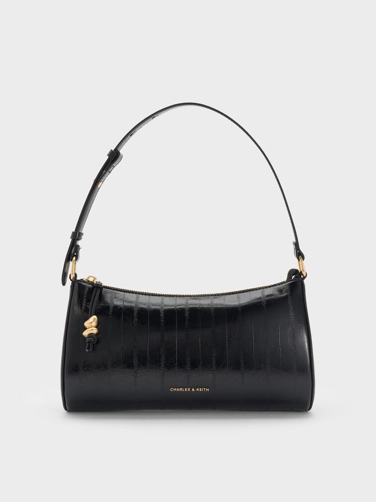 Augustine Eel-Effect Sculptural-Detail Shoulder Bag, Black, hi-res