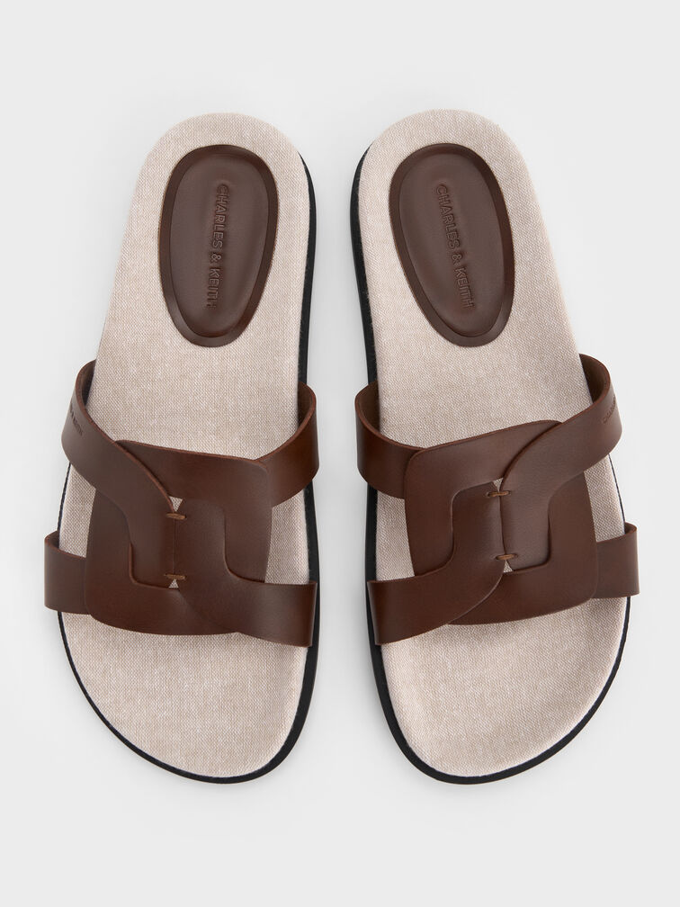 Linen Interwoven Cut-Out Slide Sandals, Dark Brown, hi-res