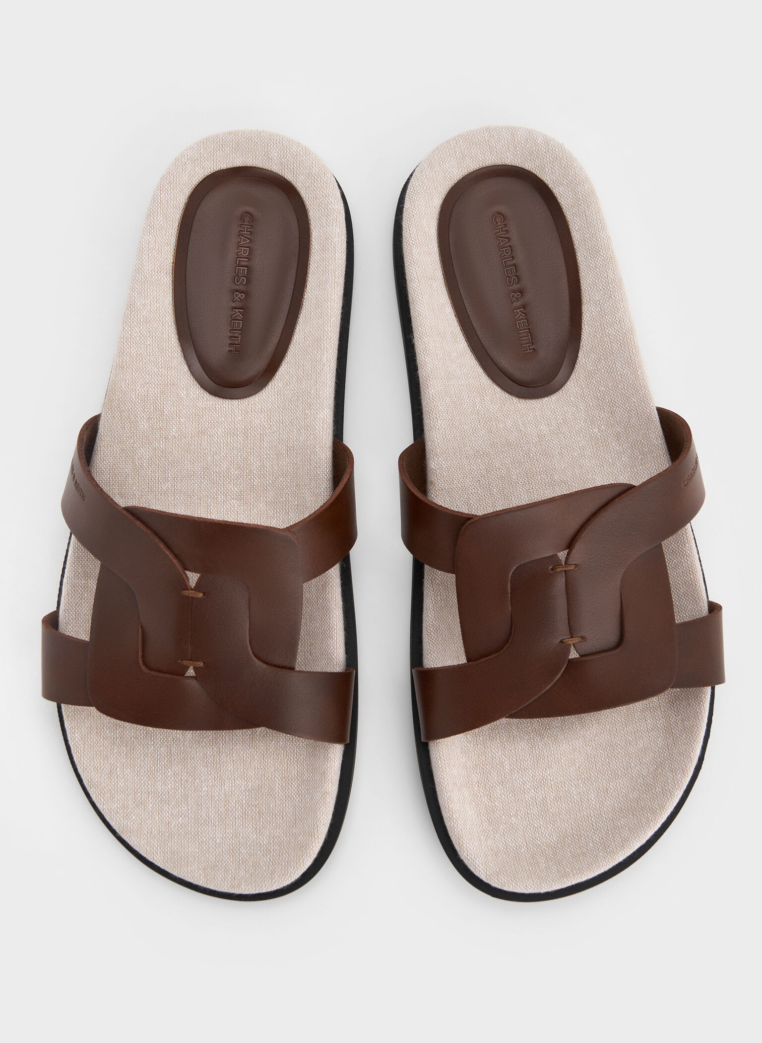 Linen Interwoven Cut-Out Slide Sandals, Dark Brown, hi-res
