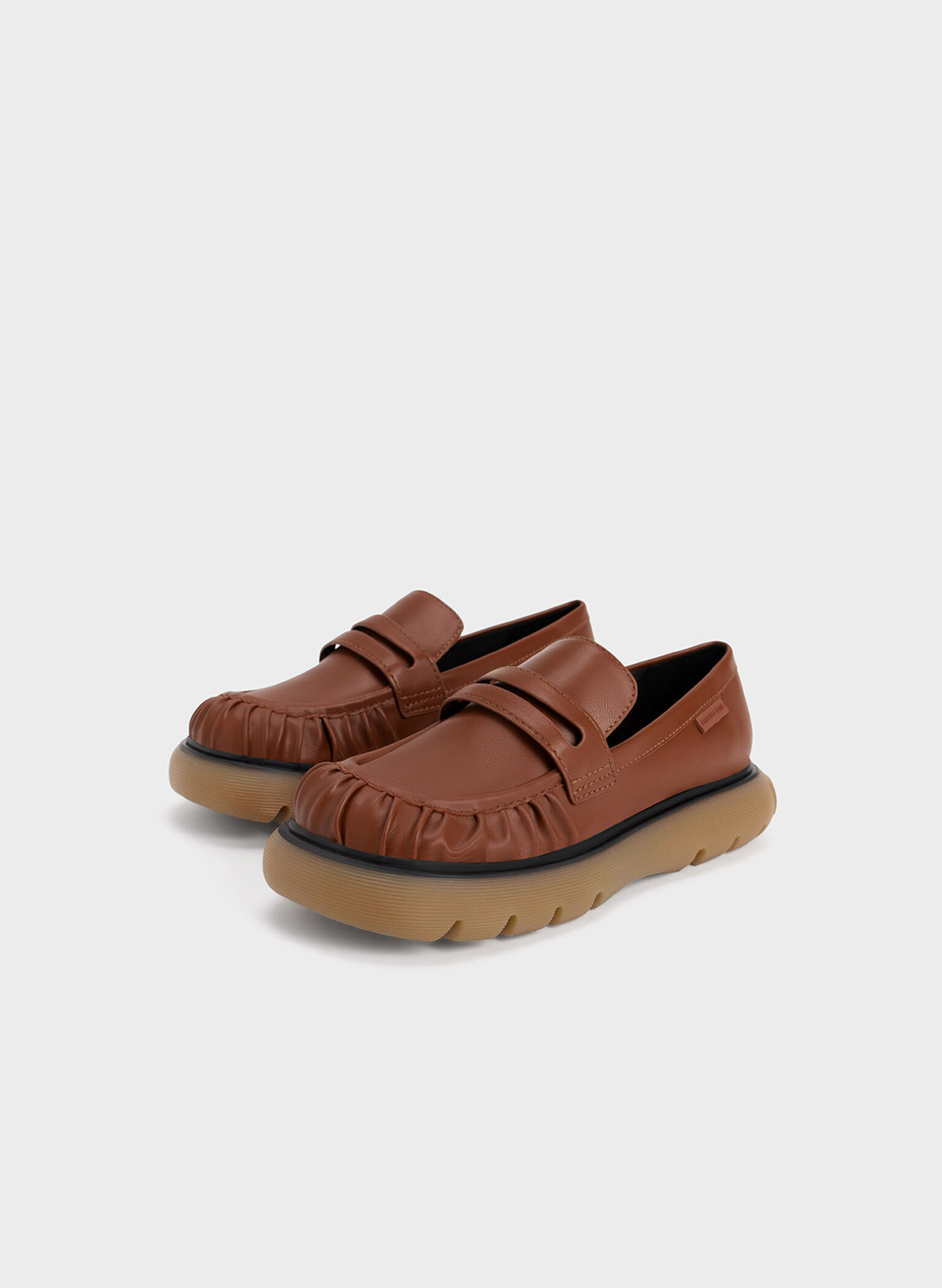 Ruched Ridged-Sole Penny Loafers, Cognac, hi-res