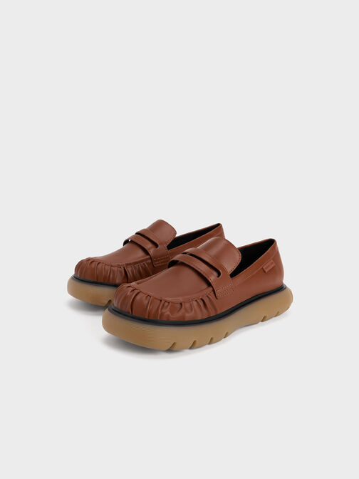 Ruched Ridged-Sole Penny Loafers, Cognac, hi-res