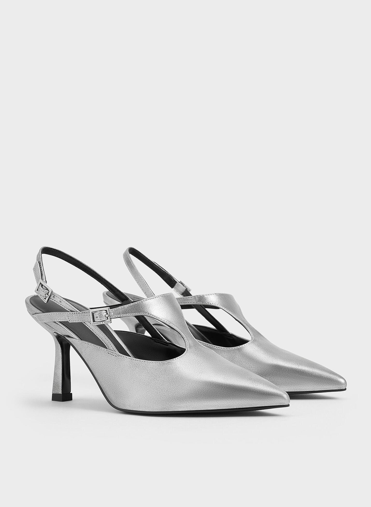 Metallic Cut-Out Pointed-Toe Slingback Pumps, Silver, hi-res